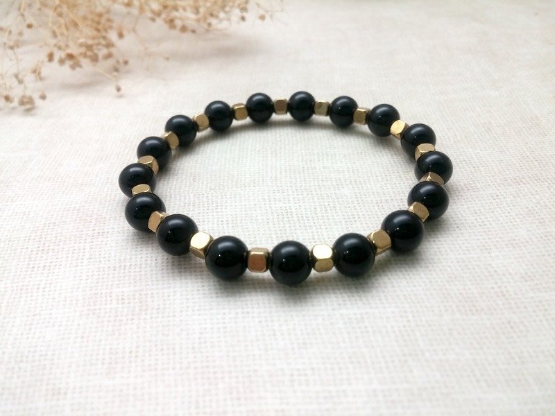♥ H.Y ♥ 手作x手环 黑玛瑙 黄铜方块 天然石 手链 - 手链/手环 - 其他材质 黑色