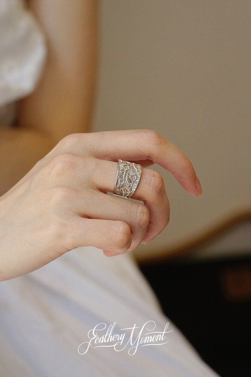 羽毛群像925银戒指厚重古朴复古优雅质感 - 戒指 - 银 