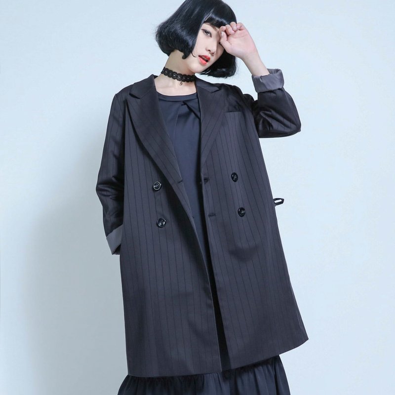 SU:MI said Suit 双排扣长版西装外套_5AF202_黑直纹 - 女装西装外套/风衣 - 棉．麻 黑色