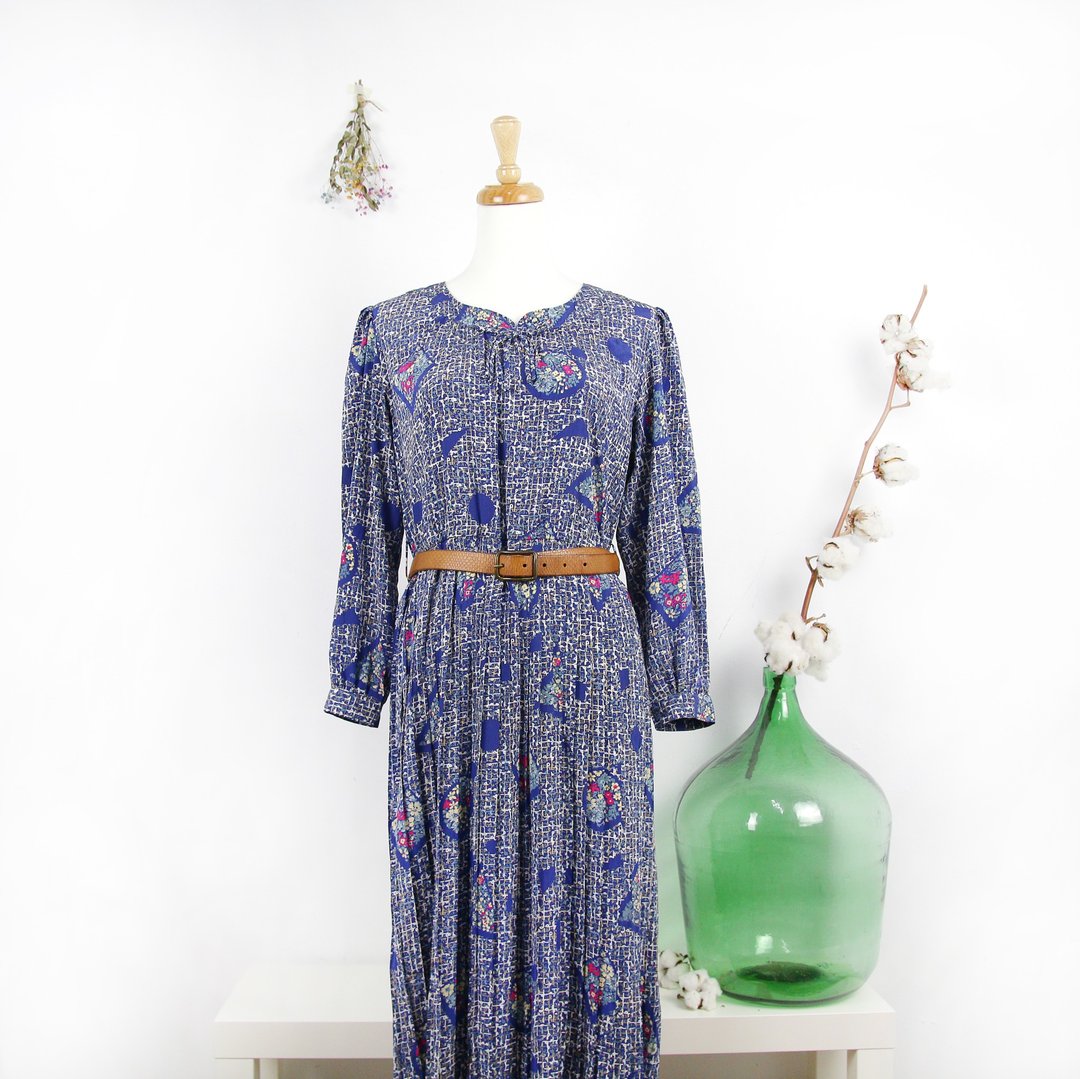 Back to Green-复古洋装 蓝 几何 /vintage dress - 洋装/连衣裙 - 其他人造纤维 