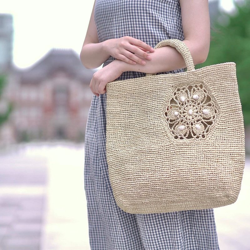 六角包 - 天然拉菲草手编包 - 手提包/手提袋 - 环保材料 咖啡色