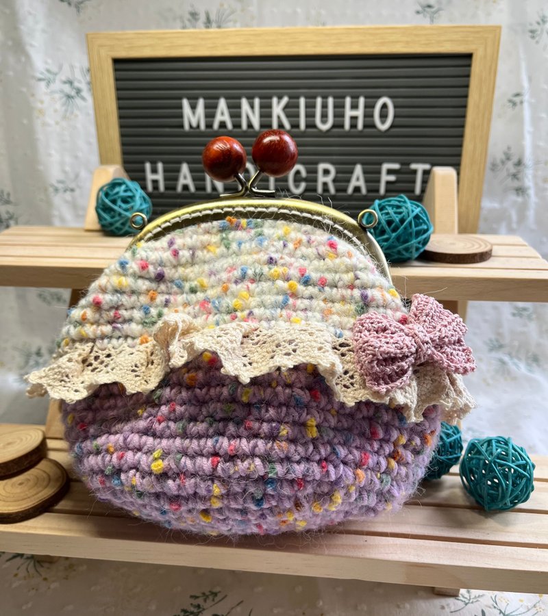 钩织双色蝴蝶结口金包 - 化妆包/杂物包 - 棉．麻 粉红色