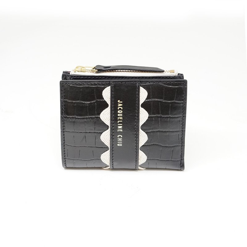 【贾姬短夹】 黑色鳄鱼纹牛皮 - 零钱包 - 真皮 黑色