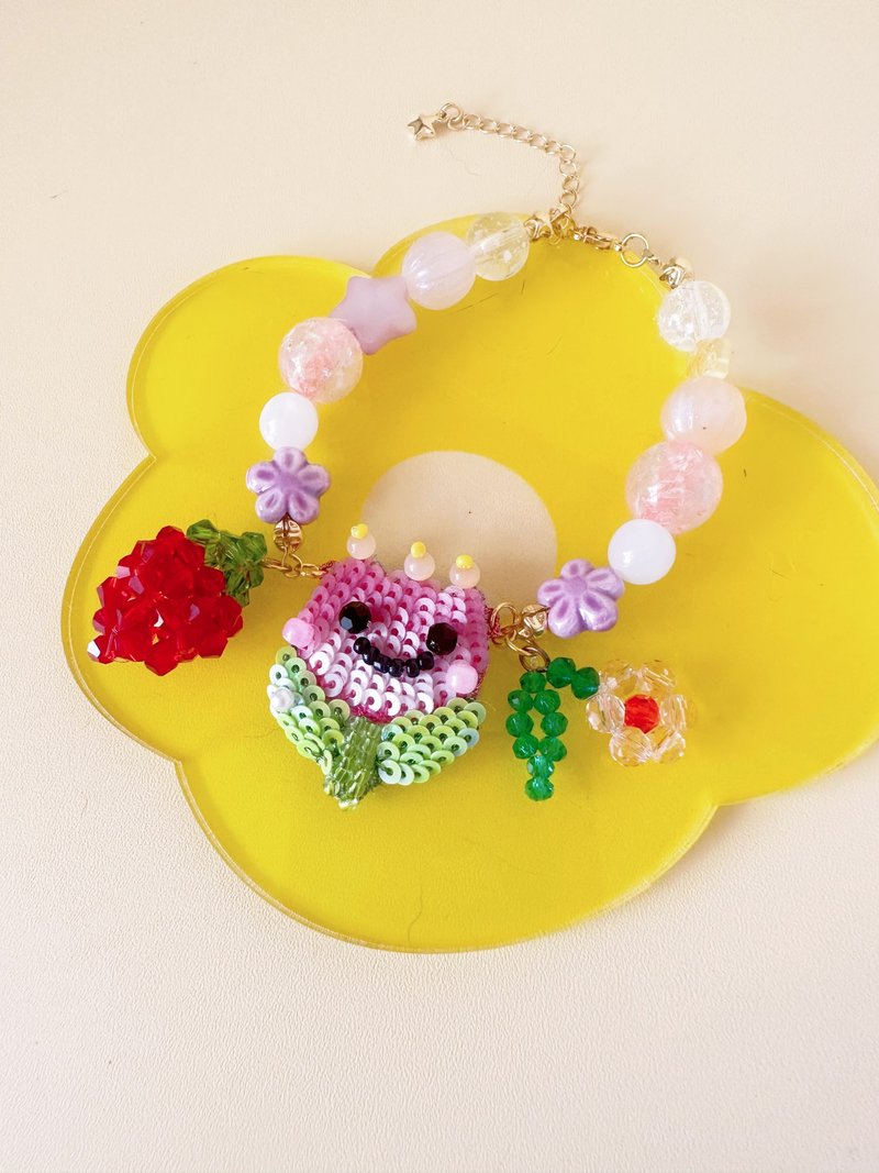 郁金香法式刺绣串珠手链 - 手链/手环 - 绣线 粉红色