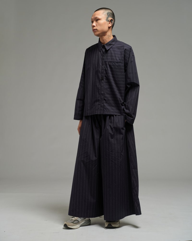 Unisex：Multi Hakama Pants (细条纹深蓝) - 女装长裤 - 棉．麻 蓝色