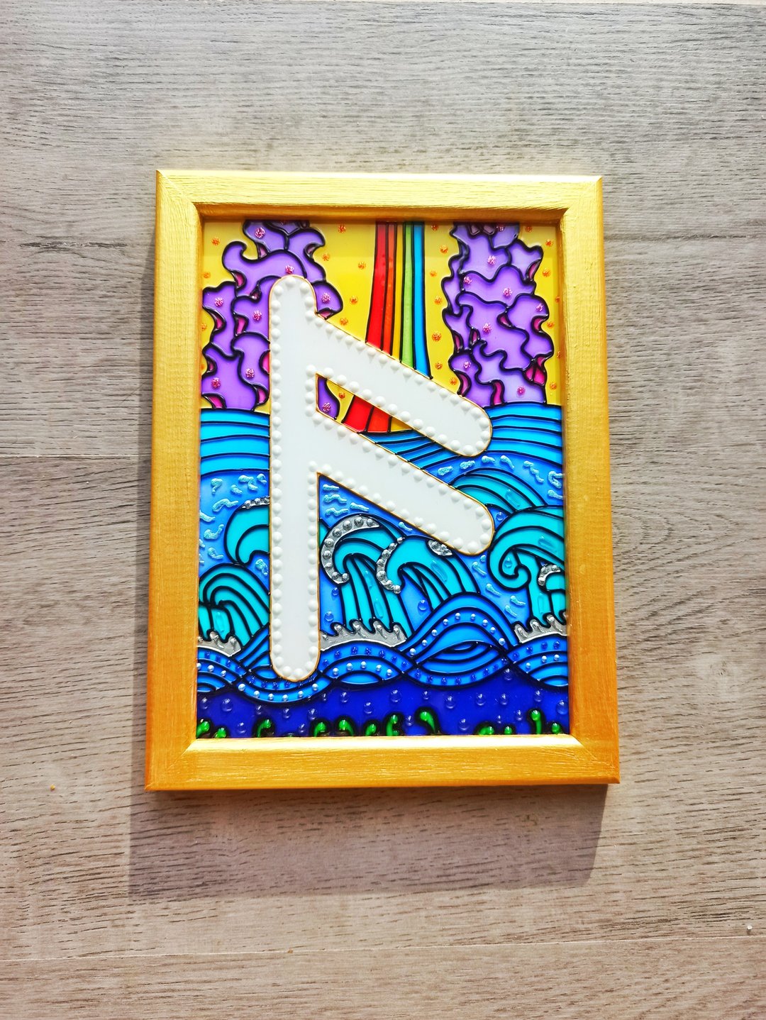 安苏兹符文画在玻璃上北欧巫术符文长老富塔克在黑暗中发光 - 墙贴/壁贴 - 玻璃 金色