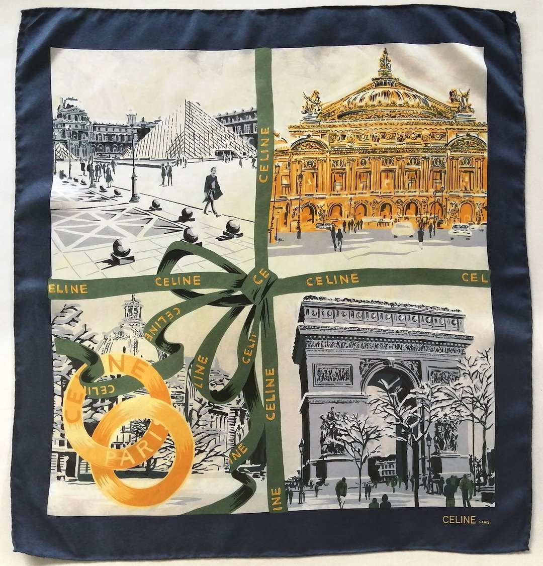 Celine Paris 复古丝绸围巾巴黎冬季，27 x 26 英寸正品 90 年代 - 丝巾 - 丝．绢 蓝色