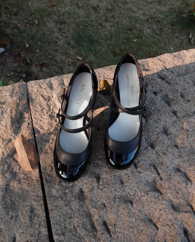 午夜巴黎 法式复古粗跟瑪莉珍 手工製 - 男女凉鞋 - 真皮 黑色