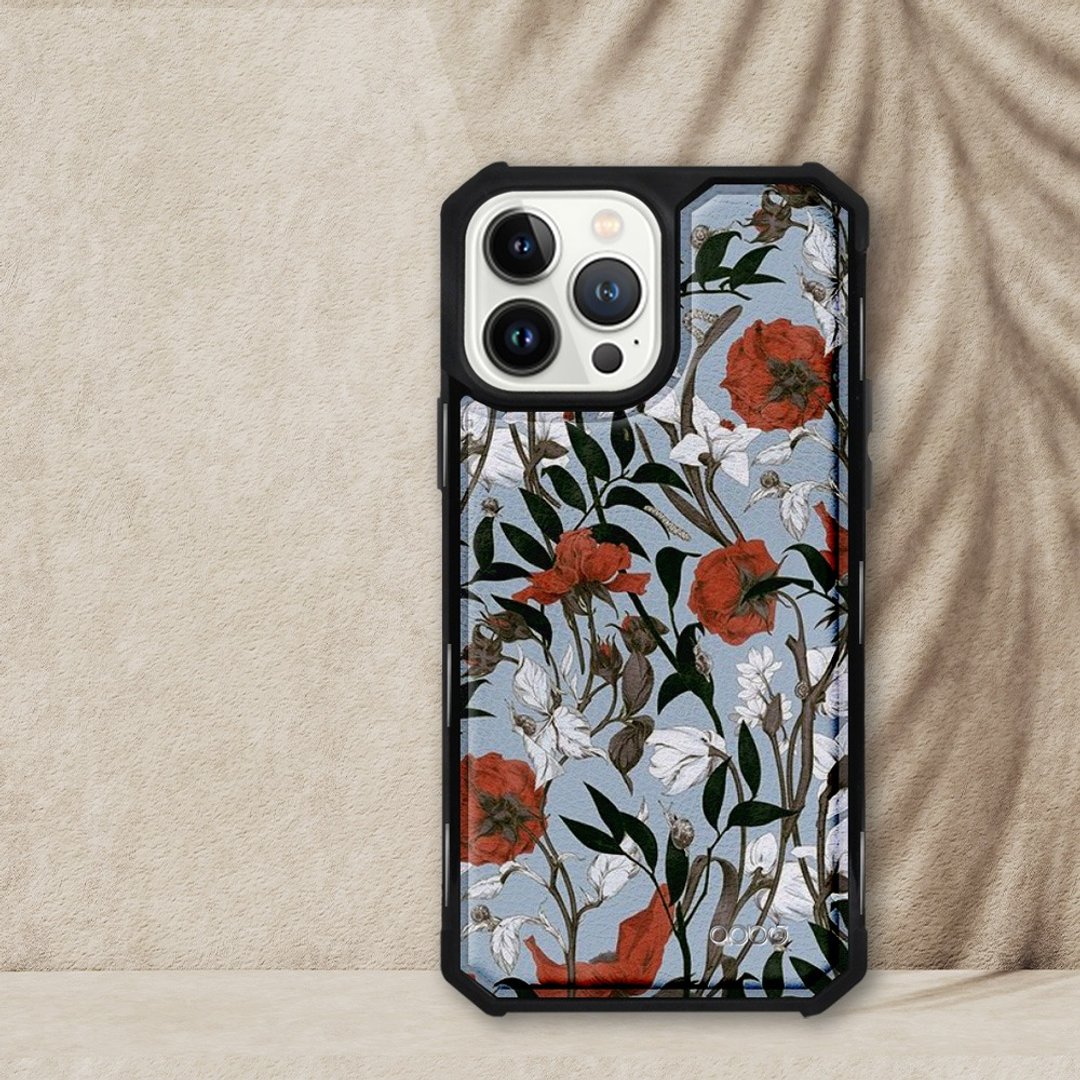 iPhone 13全系列军规防摔皮革磁吸手机壳-玫瑰百合(黑壳) - 手机壳/手机套 - 其他材质 多色