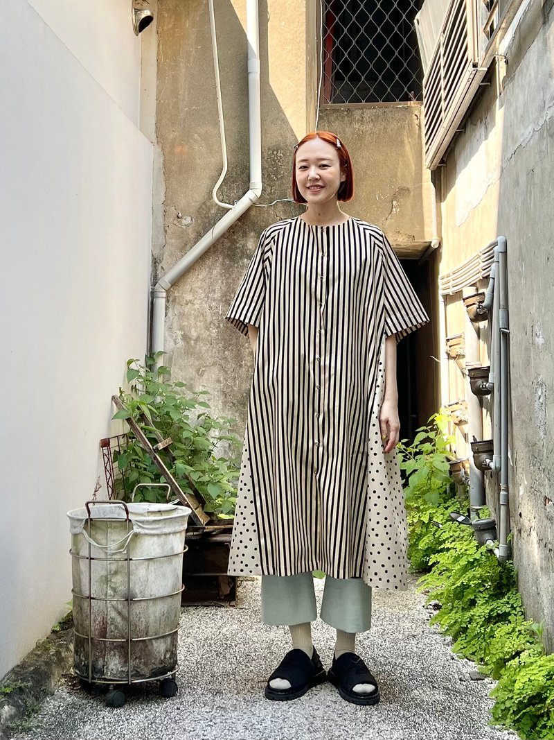 条纹点点拼接五分袖伞状洋装 - 洋装/连衣裙 - 棉．麻 卡其色