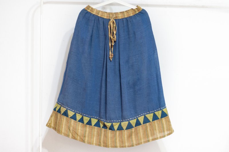 棉麻刺绣裙/民族风裙/色块棉麻裙skirt/手工拼布裙-几何三角山丘 - 裙子 - 棉．麻 蓝色