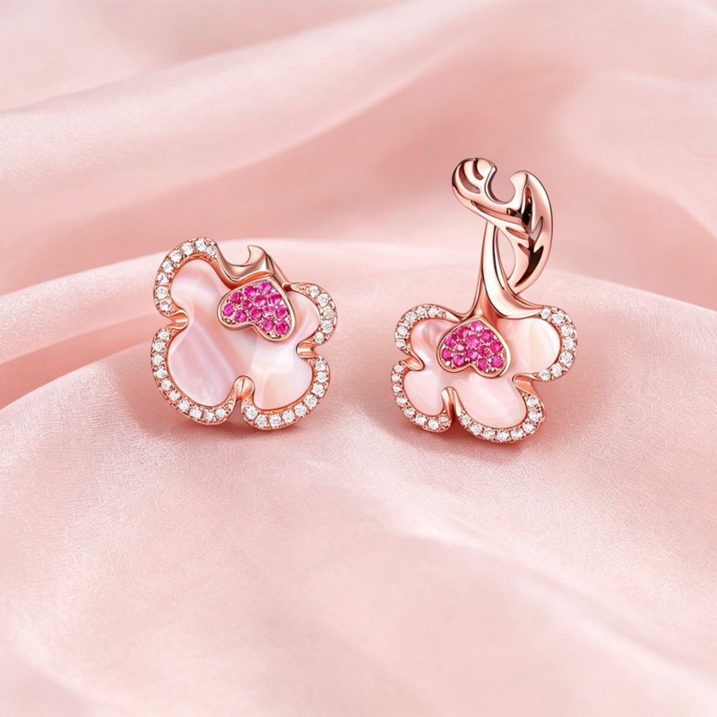 925 纯银 粉贝母康乃馨花瓣不对称耳环 母亲节礼物首选 - 耳环/耳夹 - 纯银 粉红色