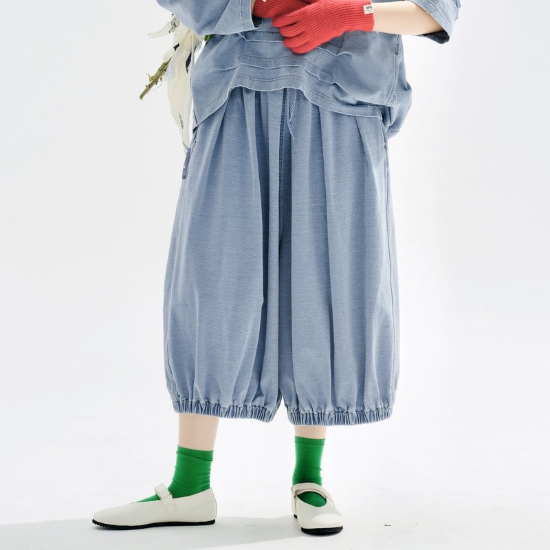 灰蓝复古水洗针织牛仔裤 - 女装长裤 - 棉．麻 蓝色