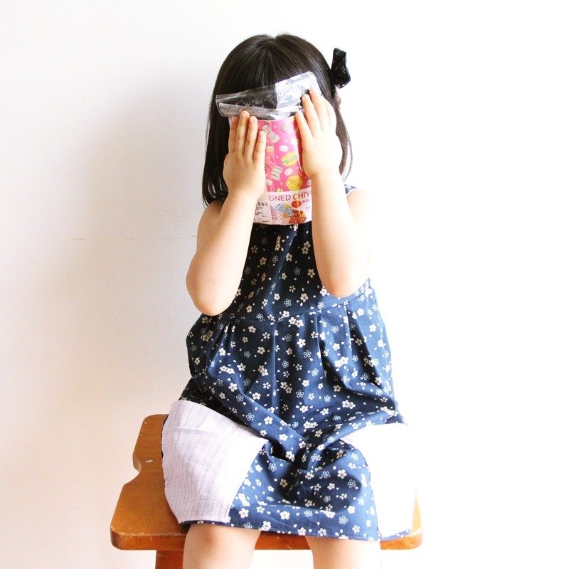 洋装 婴儿 裙子 公主裙 宝宝女童装【深蓝 小樱花 方领小洋装 材料包】适用2岁-8岁 - 洋装/连衣裙 - 棉．麻 蓝色