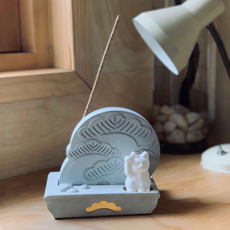 日本黑松水泥金箔盆景线香座套装 连5CM扩香石迷你招财猫 - 香薰/精油/线香 - 水泥 灰色