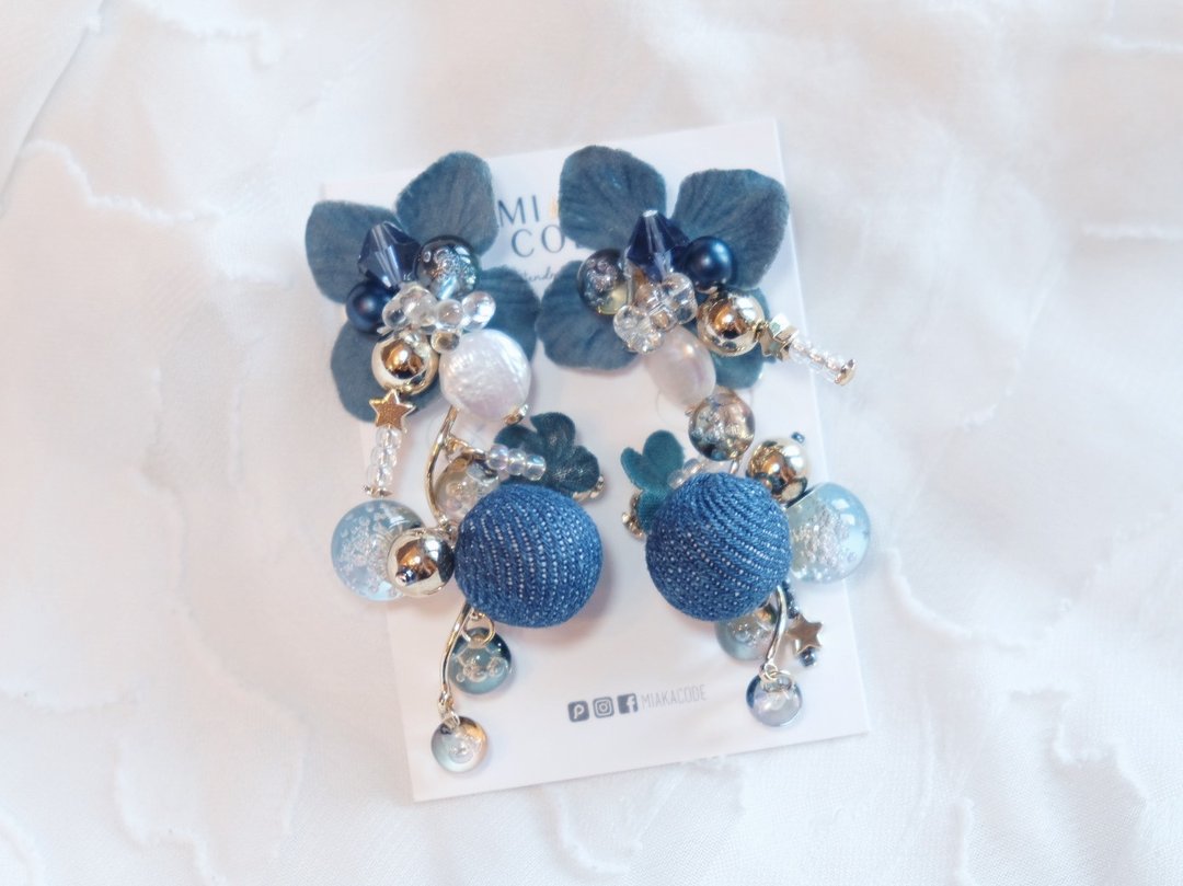 手工耳环 — Denim牛仔布系列2 耳环 深蓝色 金色金属配件 - 耳环/耳夹 - 其他材质 蓝色