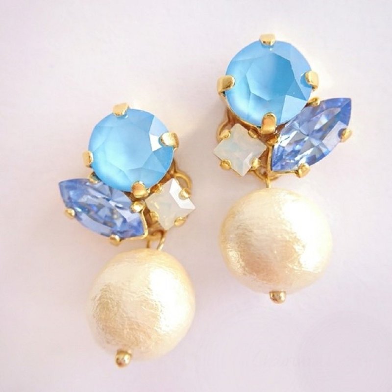 Swarovski & Pearl Clip-On, Earrings (Marine Blue) - 耳环/耳夹 - 水晶 蓝色