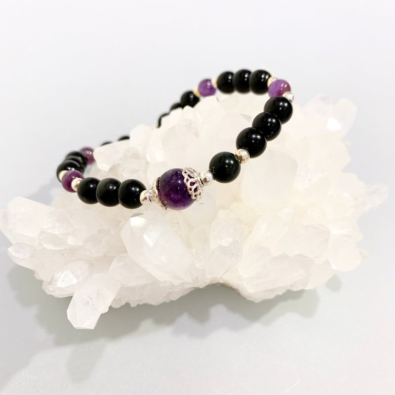 Ops Obsidian Silver bracelet-黑曜石/纯银/防小人/弹性/紫水晶 - 手链/手环 - 宝石 紫色