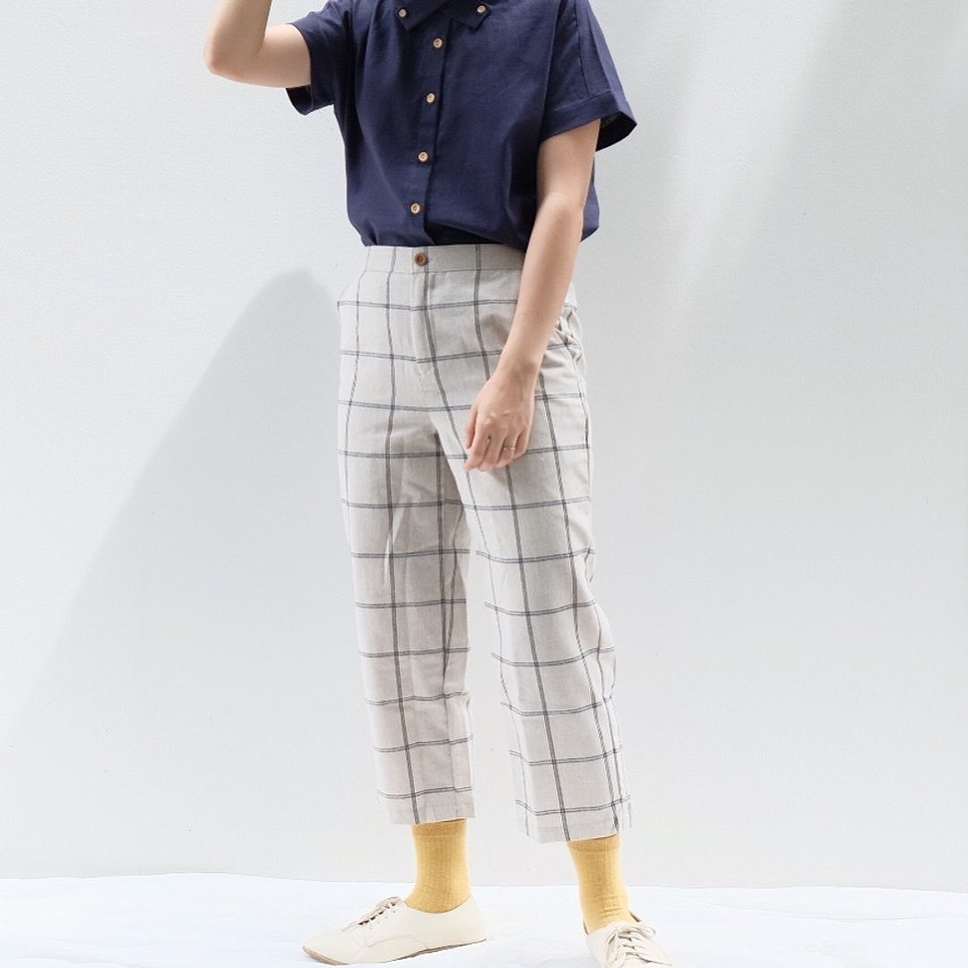 Hikaru Linen Pants : Chess Pattern , Khaki Color - 女装长裤 - 棉 卡其色