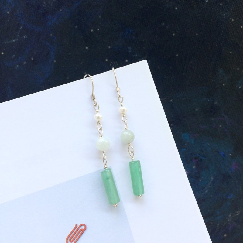 东陵玉翡翠珍珠耳环 925银 清新素雅 旗袍汉服风 - 耳环/耳夹 - 宝石 绿色