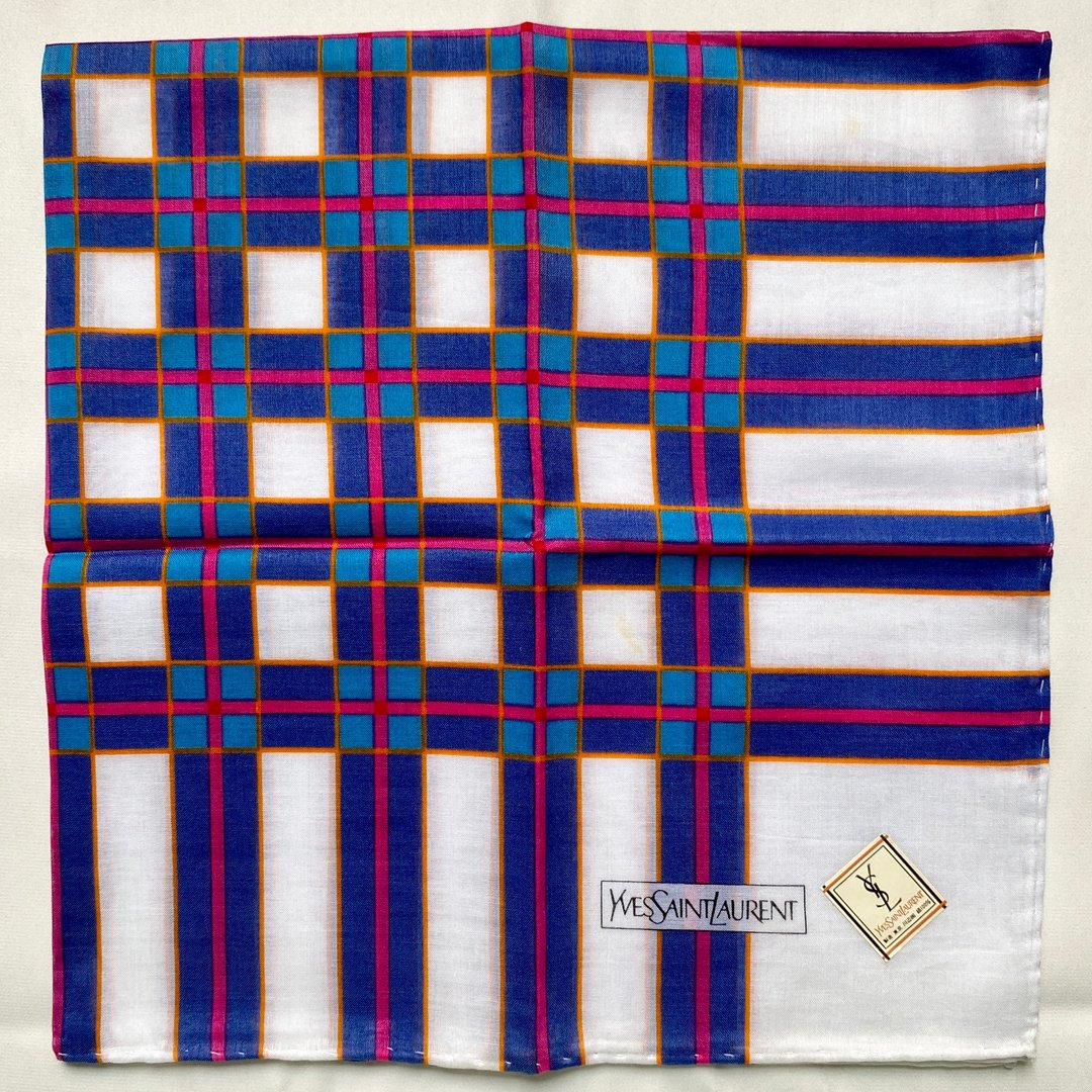 复古 Yves Saint Laurent YSL 格纹几何 紫白棉质手帕 - 手帕/方巾 - 棉 紫色