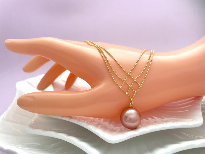 蕾丝编织 天然淡水珍珠 橘色珍珠  套链 - 项链 - 珍珠 橘色