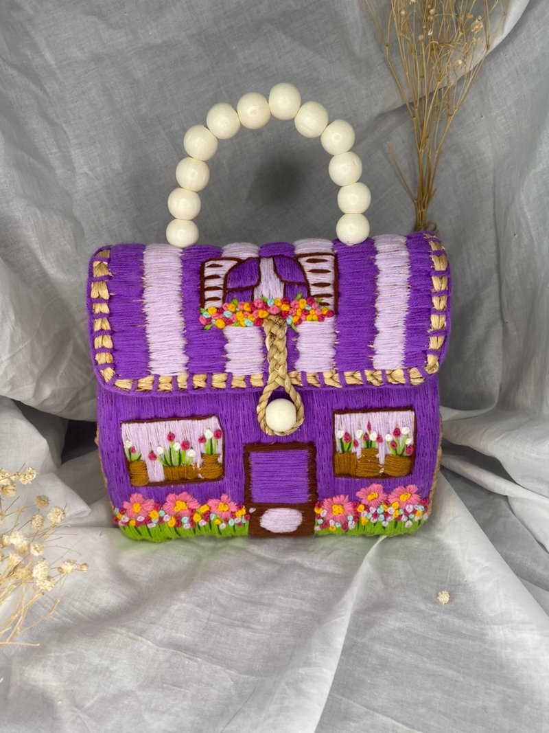 Water hyacinth embroidered bag, purple tone, flower shop pattern - 手提包/手提袋 - 绣线 多色