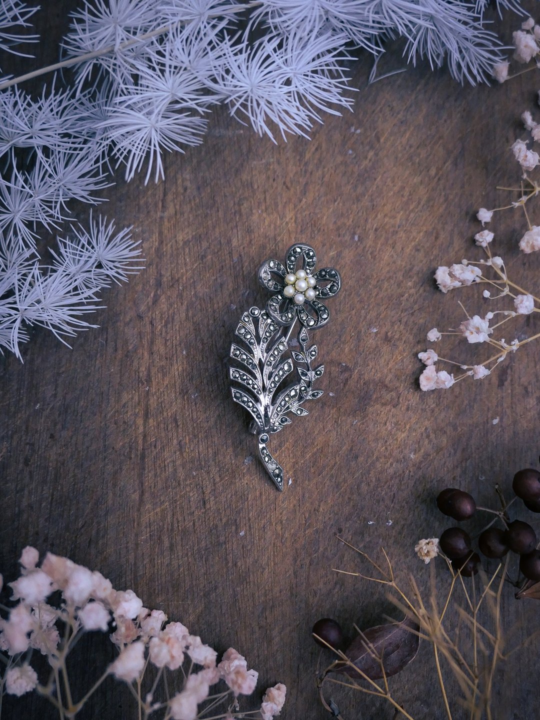 英国纯银白铁矿 镂空勿忘我胸针—欧洲古董首饰 Vintage Jewelry - 胸针 - 银 