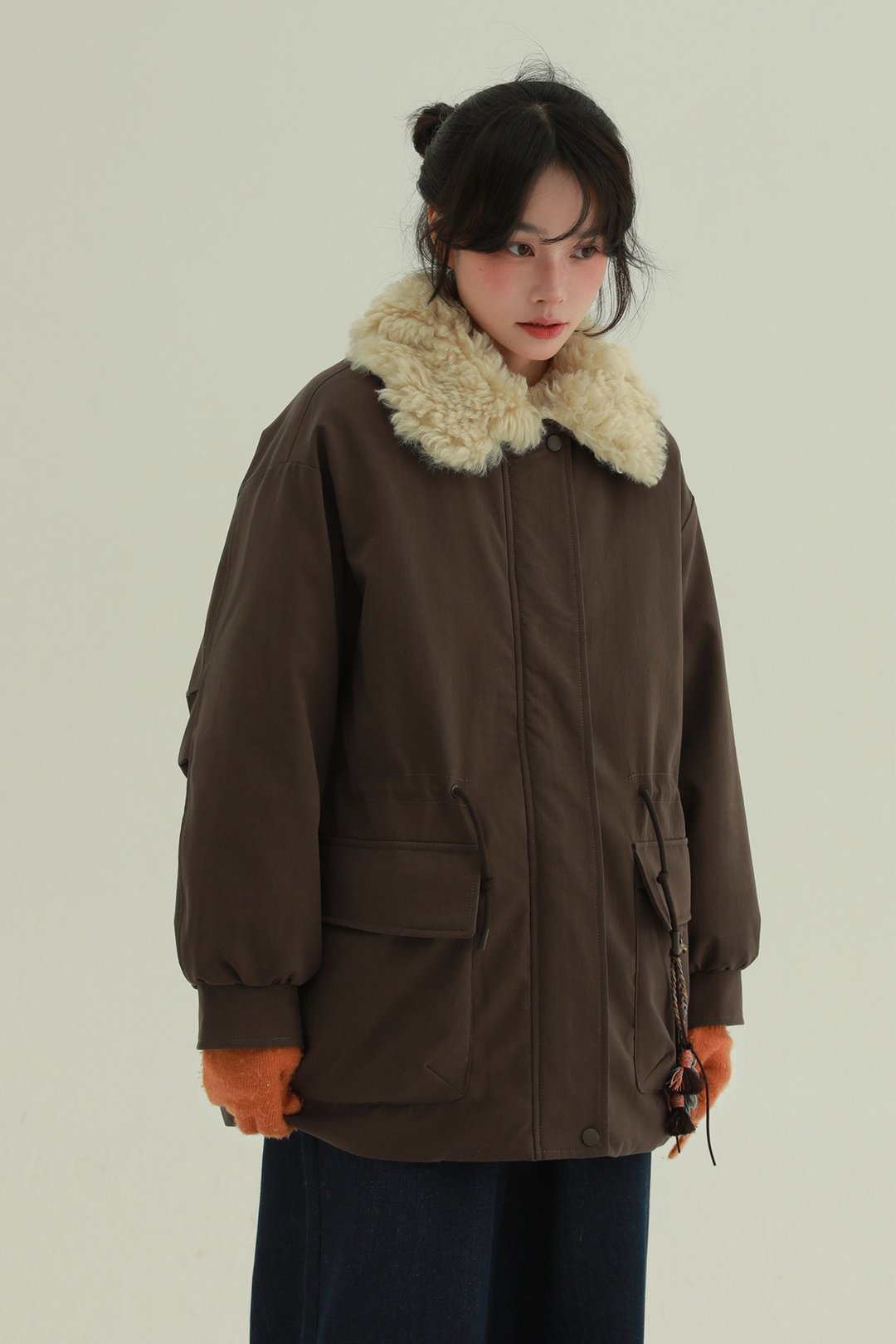 2顏色 恩和的冬天 毛領口袋串珠90白鴨絨羽絨服 保暖夾克外套 - 女装休闲/机能外套 - 其他人造纤维 咖啡色