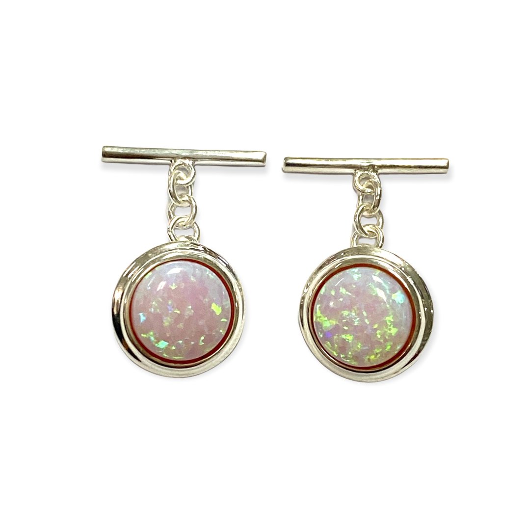 Round Pink Gilson Opal Wedding Cufflinks For Groom 925 Sterling Silver - 袖扣 - 纯银 粉红色