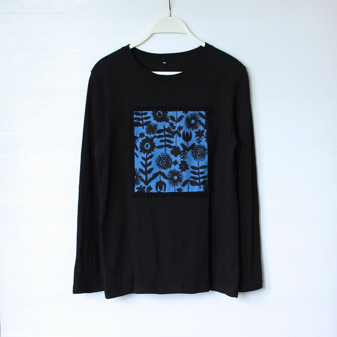 手绘花卉贴布微宽松黑色长袖T-shirt - 女装 T 恤 - 棉 黑色