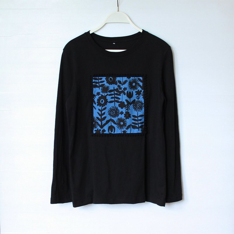 手绘花卉贴布微宽松黑色长袖T-shirt - 女装 T 恤 - 棉．麻 黑色