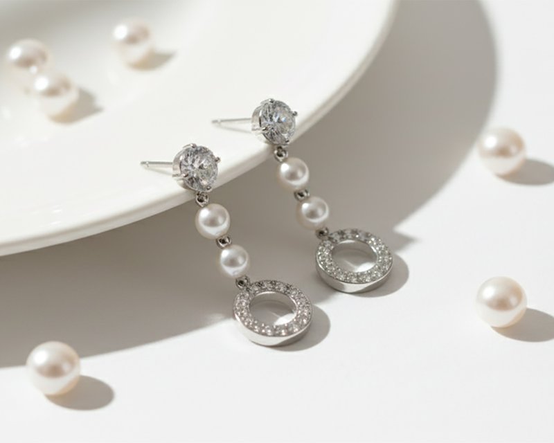 星光映月耳环 天然珍珠 镜面镶锆石 抗过敏 两款可选 台湾制造 - 耳环/耳夹 - 不锈钢 银色