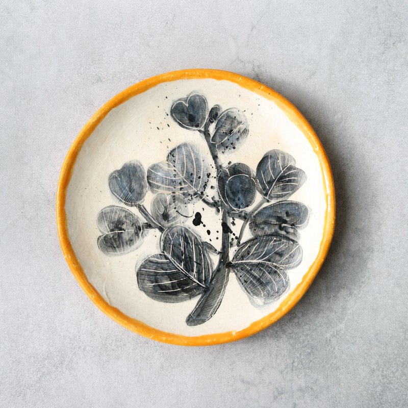 黑色叶片・冬日手绘盘 2 - 盘子/餐盘/盘架 - 陶 黑色