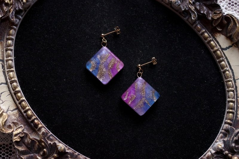 树脂艺术 方形耳环・夜光蝶 - 耳环/耳夹 - 树脂 蓝色