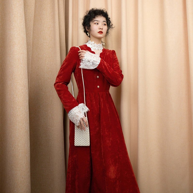 报销港澳台关税 伴娘装 红色蕾丝长袖复古中长连衣裙子洋装 - 洋装/连衣裙 - 其他材质 红色