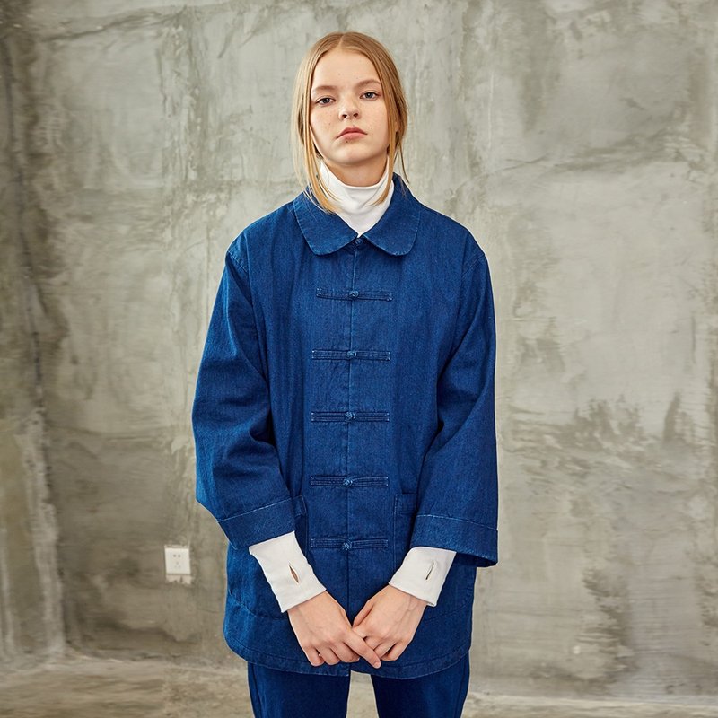 全棉牛仔对襟盘扣外套 - 女装休闲/机能外套 - 棉．麻 蓝色