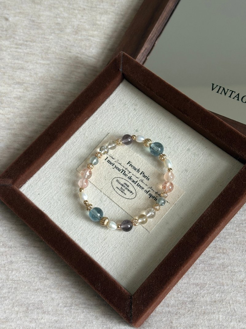 晨曦叠影///魔鬼海蓝宝 萤石 (紫) 阿鲁沙 海蓝宝 白水晶 红兔毛 - 手链/手环 - 水晶 多色