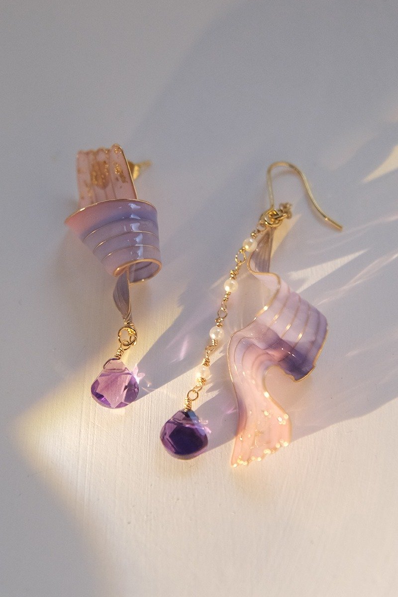 原创设计 / 云卷 / 流云 紫水晶 手工树脂不对衬耳环耳夹/ 赠圣诞 - 耳环/耳夹 - 树脂 多色