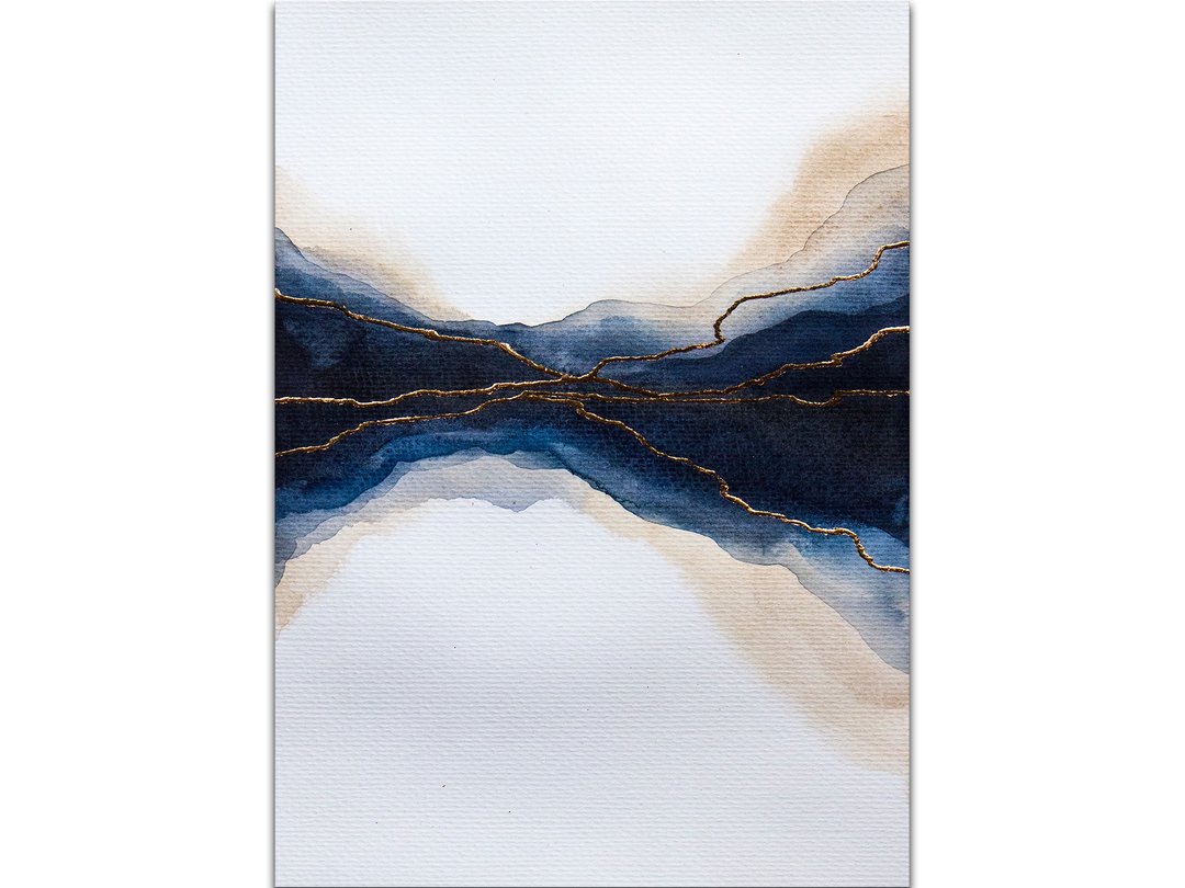 Indigo Landscape Art Abstract Watercolor Original Painting Abstract Mountains - 海报/装饰画/版画 - 其他材质 蓝色