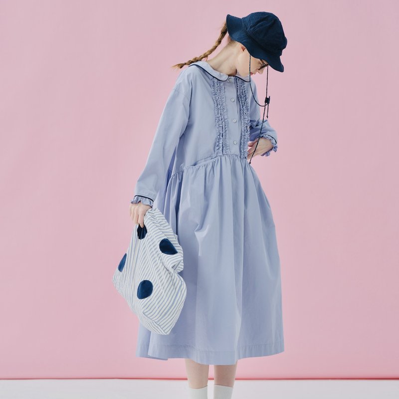 蓝色纯棉小圆领洋装 / 连身裙 裙子 - 洋装/连衣裙 - 棉．麻 蓝色