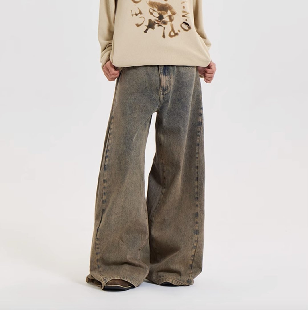 Desert Denim 沙漠套色做旧水洗牛仔阔腿裤 - 中性裤装 - 棉 黄色