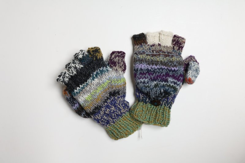 灰绿色块杂线翻盖手套深彩配色纯羊毛线手工编织摇粒绒全内衬保暖 - 手套 - 羊毛 卡其色