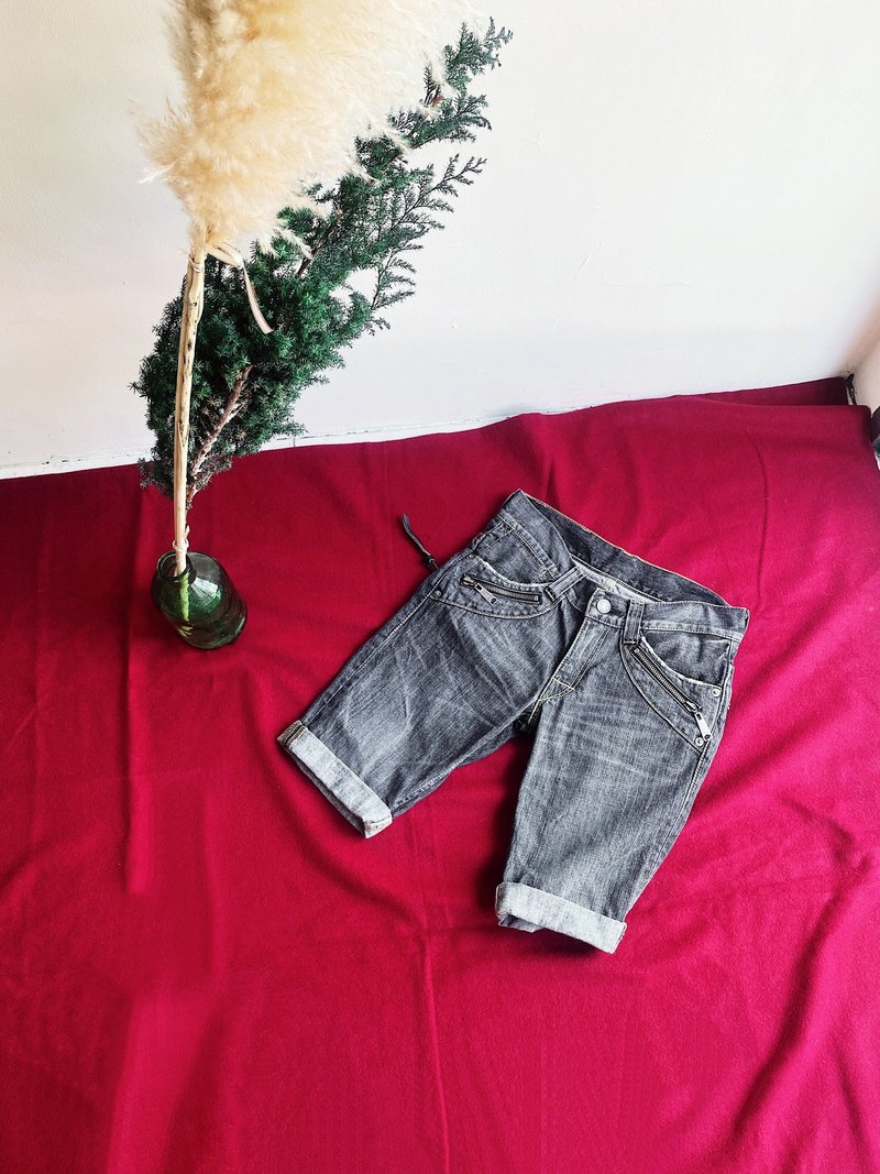 levis / 507 W30 灰黑拉链 男丹宁牛仔短裤古着自改古着 vintage - 男士短裤 - 棉．麻 灰色