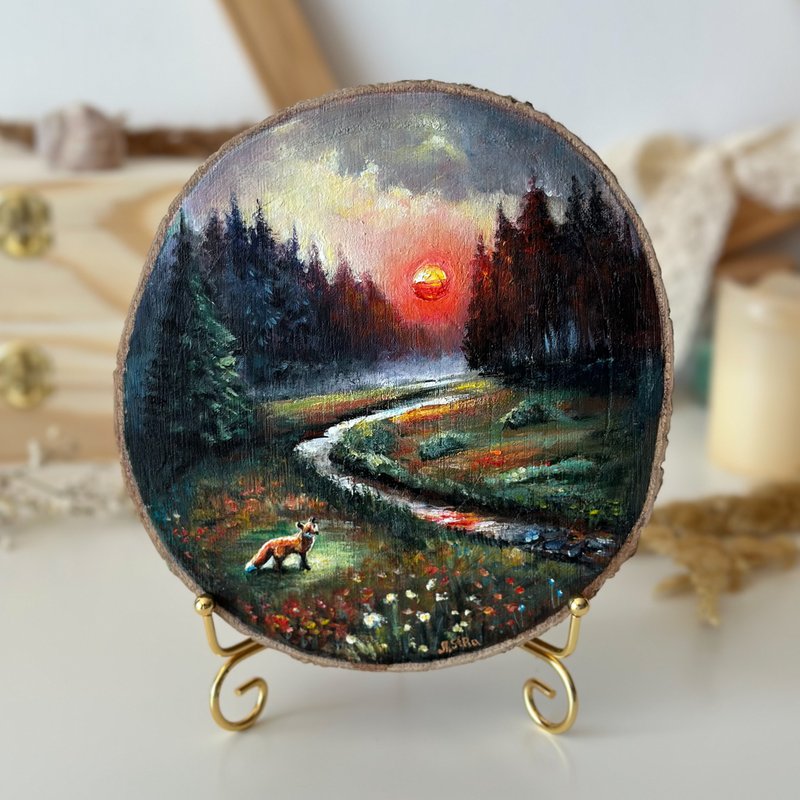 木片上的河流风景画，木片艺术，森林夕阳，木质装饰 - 墙贴/壁贴 - 木头 咖啡色