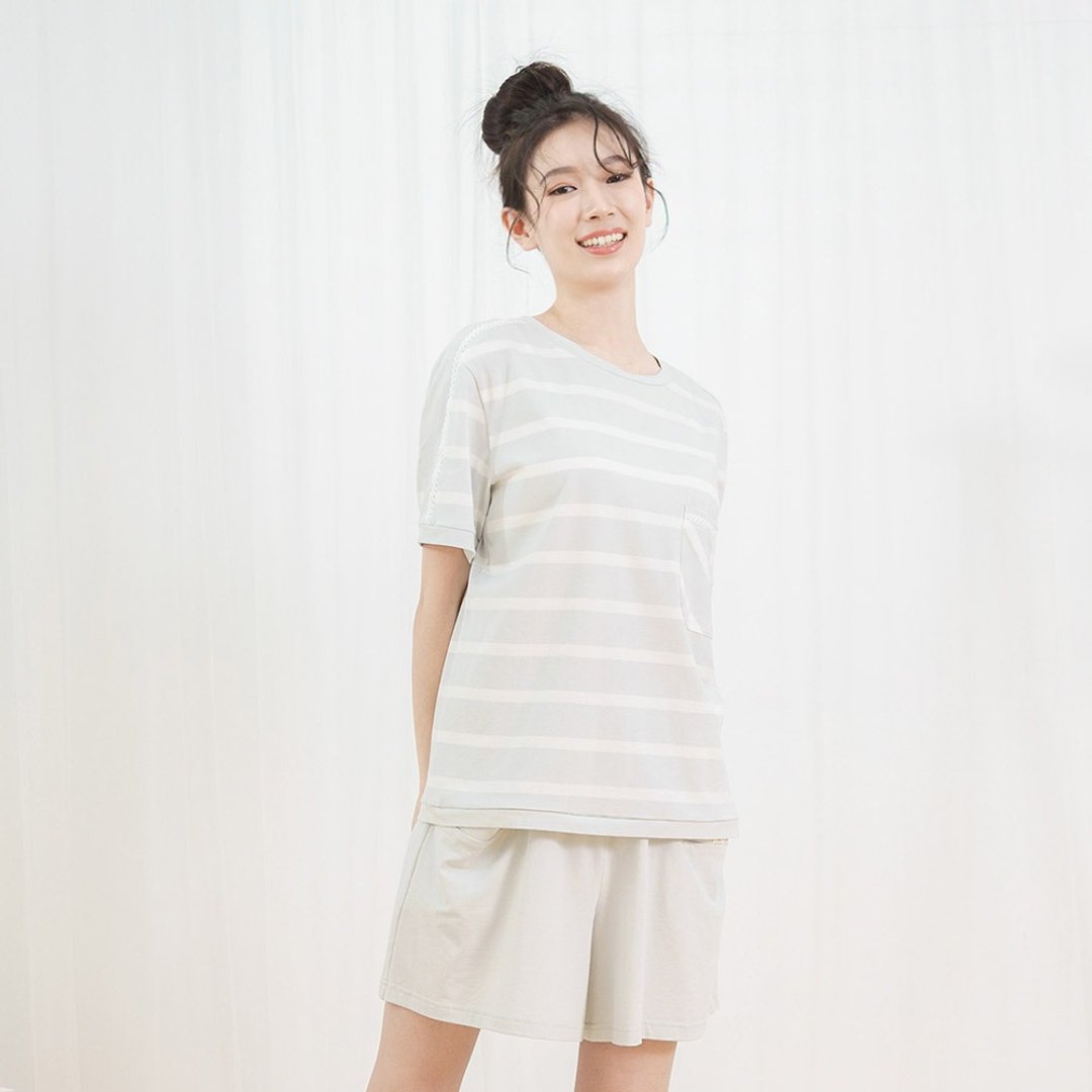 口袋拼接短袖居家服-UMORFIL胶原蛋白-冰晶灰 - 居家服/睡衣 - 棉 灰色