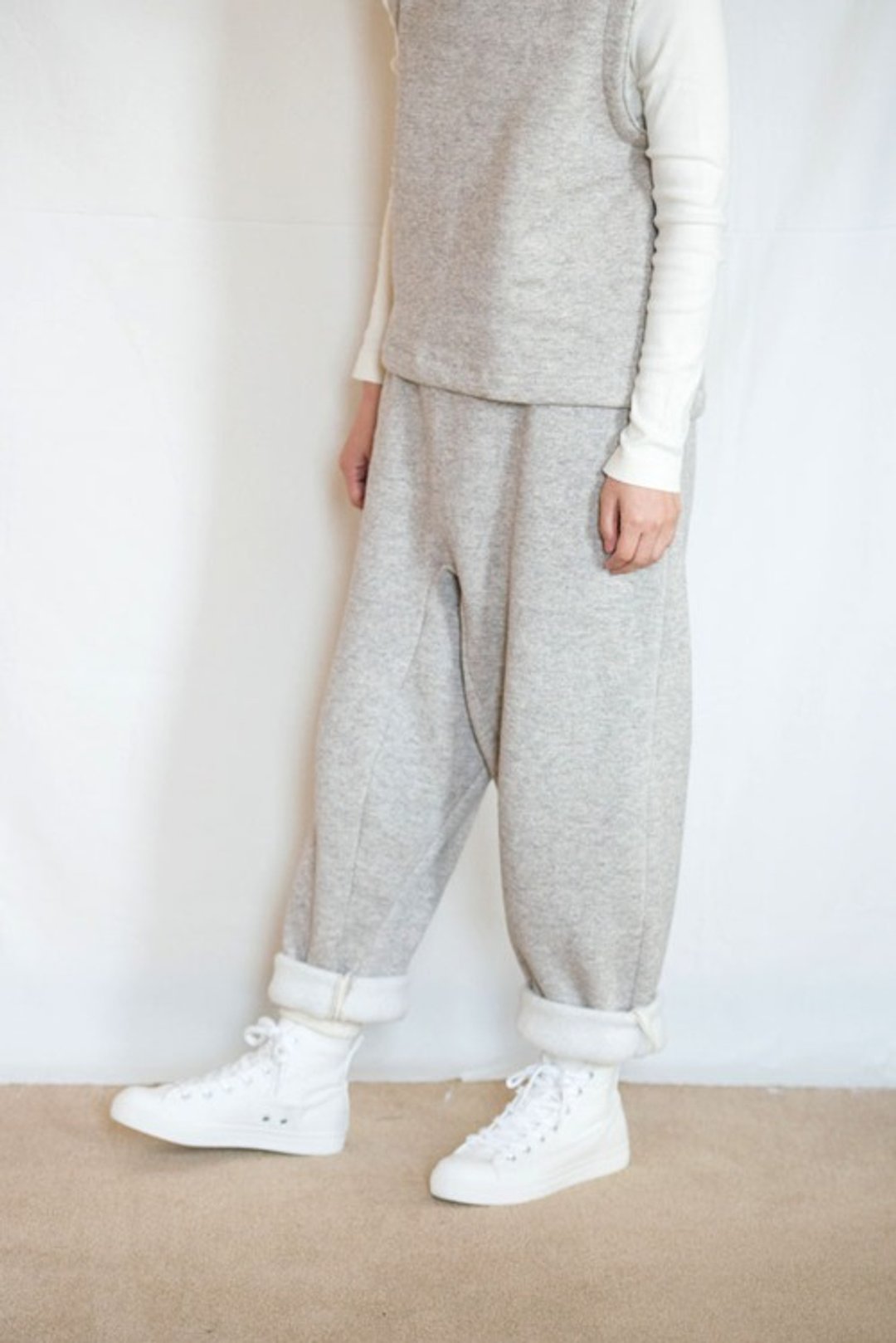 Yak mixed back brushed knit loose pants [Organic Cotton brushed knit fabric] - 中性裤装 - 棉 灰色