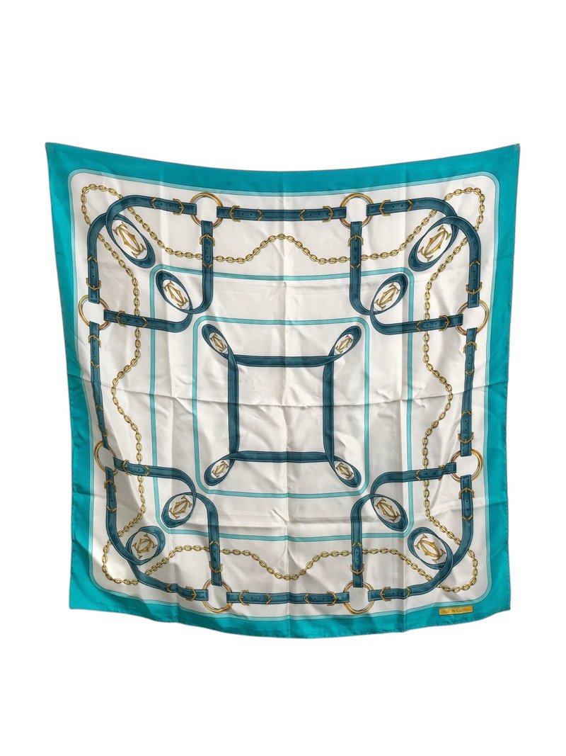 【 日本直送 名牌中古包 】Cartier 卡地亚 丝巾 白色 蓝色 Logo 丝绸 vintage 古董 v2jmna - 丝巾 - 丝．绢 白色