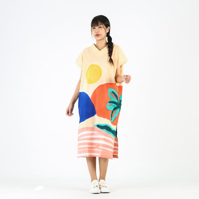 Dress V Nack Linen Hand Paint Free Size - 洋装/连衣裙 - 棉．麻 多色