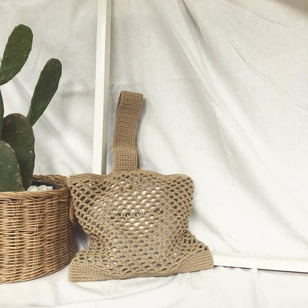 Coffee brown Japia crochet bag - 手提包/手提袋 - 棉 卡其色